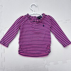 Ralph Lauren Kids Pink Navy Stripe Ruffle Long Sleeve Shirt Size 18M,‎ Winter